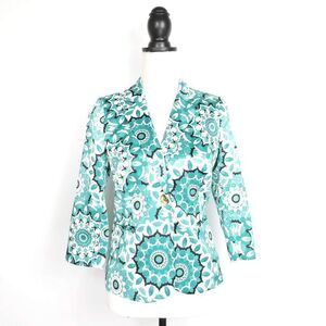 NEW NWT Madison Aqua White Satin Medallion Printed One Button Blazer Jacket